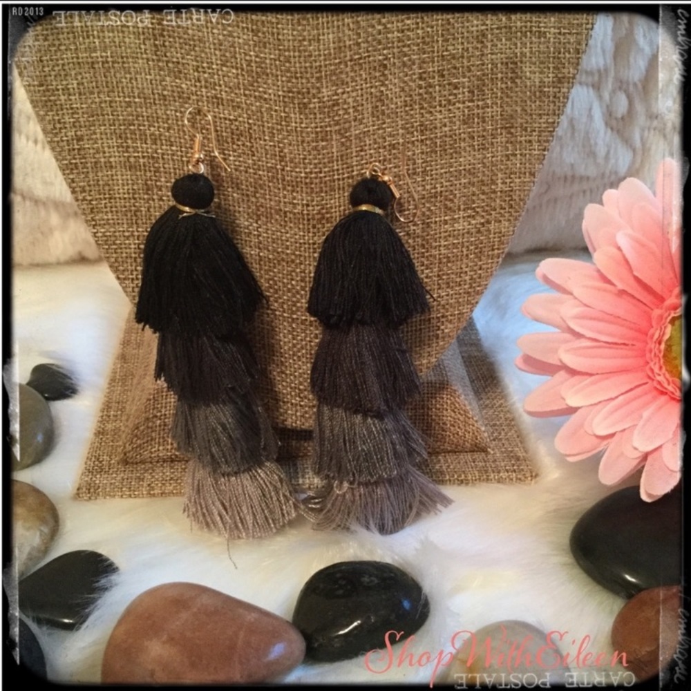 Black Gray Ombré Fringe Multi Tassel Boho Earrings